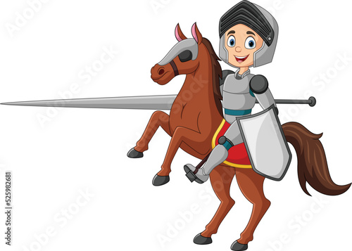 Cartoon knight riding a horse with lance and shield