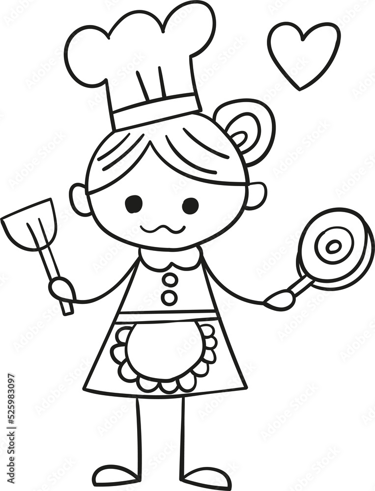 Cooking girl cartoon hand drawn outline style Cooking girl cartoon hand drawn outline style