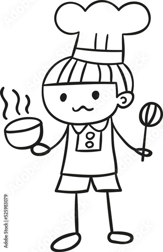 Cooking boy cartoon hand drawn outline style