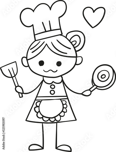 Cooking girl cartoon hand drawn outline style