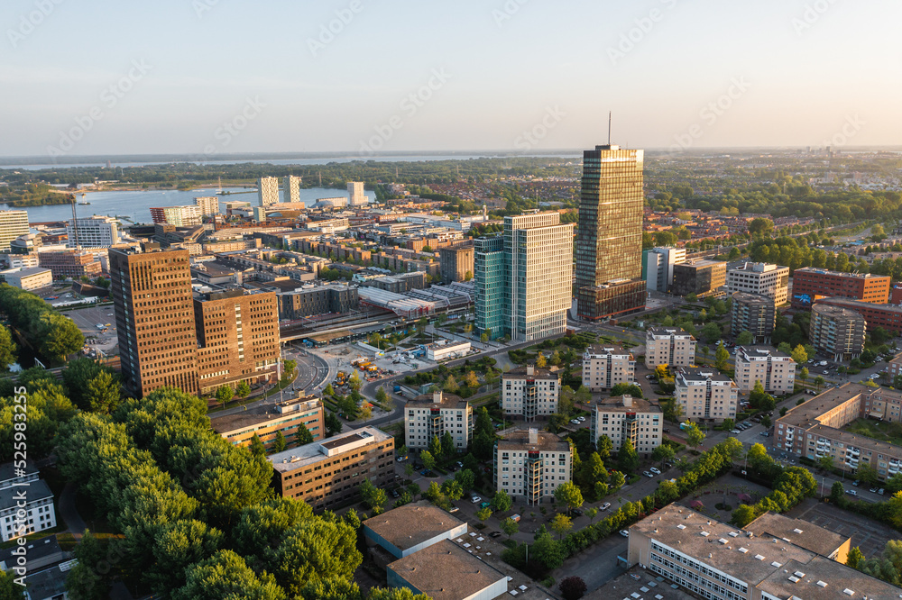 Obraz premium Almere city center (Almere Stad), Flevoland, The Netherlands. Modern, growing suburban town near Amsterdam. Aerial drone shot.