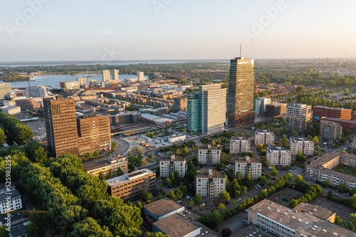 Almere city center (Almere Stad),  Flevoland, The Netherlands. Modern, growing suburban town near Amsterdam. Aerial drone shot.