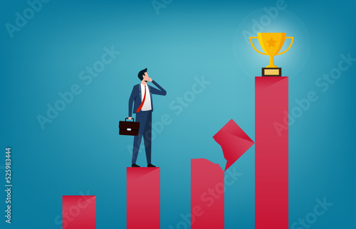 Business solution and strategy to reach success. Businessman standing and thinking to reach the trophy symbol to achieve a goal