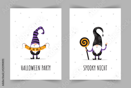 Set of Halloween greeting cards. Cute scandinavian gnomes. Spooky night party invitation, poster or flyer. Vector illustration in cartoon style. Holiday backgrounds with scary festive elements.