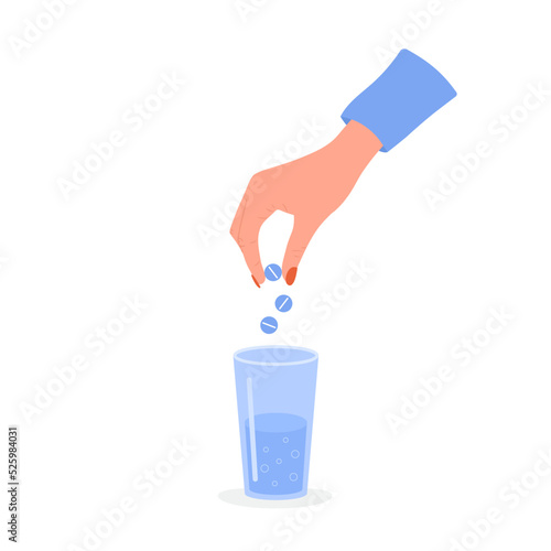 Female hand holding pills. Woman puts effervescent tablets in glass of water. Healthcare concept. Vector illustration in flat cartoon style. Cold and flu treatment.