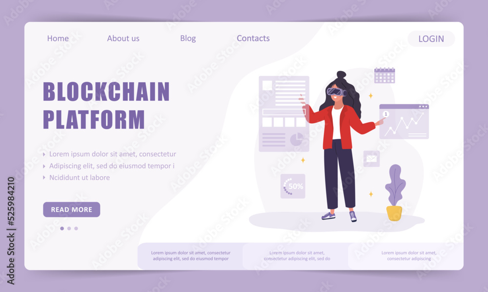 Blockchain platform landing page template. Woman in VR glasses analyzes cryptocurrency charts. Metaverse or Cyberspace concept. Modern technology entertainment. Vector illustration in flat style. Blockchain platform landing page template. Woman in VR glasses analyzes cryptocurrency charts. Metaverse or Cyberspace concept. Modern technology entertainment. Vector illustration in flat style.