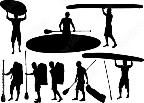 SUP boarding design elements. Set of vector emblems with SUP boards, boarder silhouettes and equipment