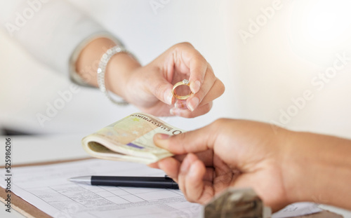 Obraz na plátně .Cash exchange, gold ring and diamond evaluation sale for woman with financial s