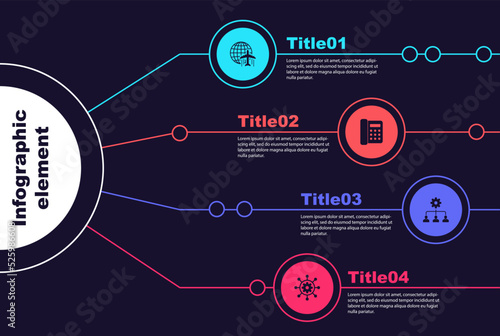 Set Globe with flying plane, Telephone, Lead management and Project. Business infographic template. Vector