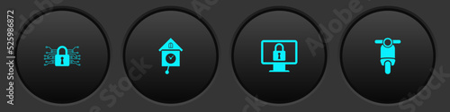 Set Cyber security, Retro wall watch, Lock on monitor and Scooter icon. Vector
