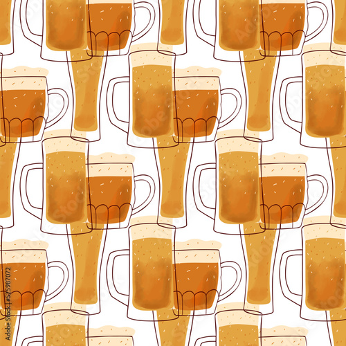 Seamles pattern with stylized illustration mugs of beer yellow color background
