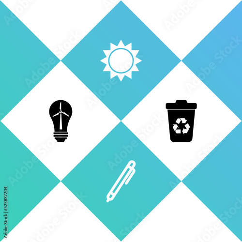 Set Light bulb with wind turbine, Pen, Sun and Recycle recycle icon. Vector