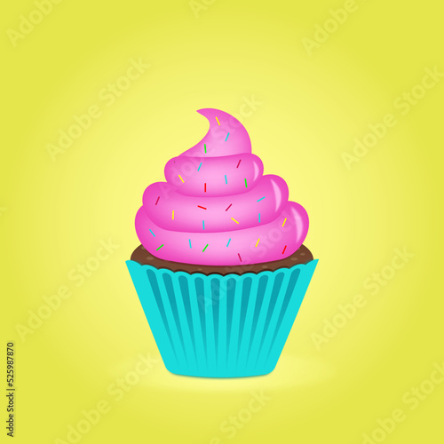 3d pink cupcake with pink frosting vector illustration with candy sprinkles