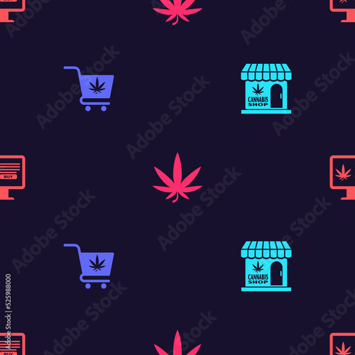 Set Marijuana and cannabis store, Shopping cart with marijuana, leaf and Online buying on seamless pattern. Vector
