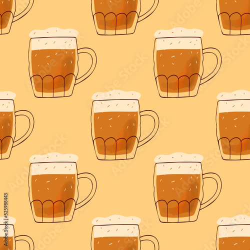 Seamles pattern with stylized illustration mugs of beer on yellow background