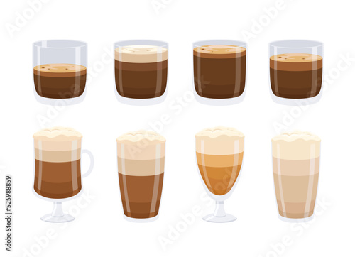 Different coffee types vector set in cartoon style on white background.
Espresso, americano, latte, cappuccino, macchiato, frappe. glace. Coffee in glasses