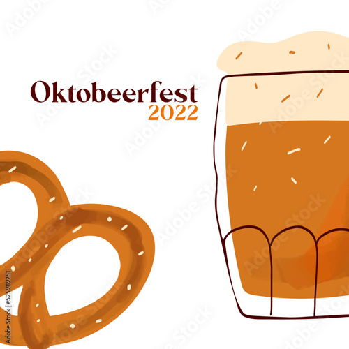 Octobeerfest 2022 illustration with stylized beer mug, with traditional snack pretzel on white background photo