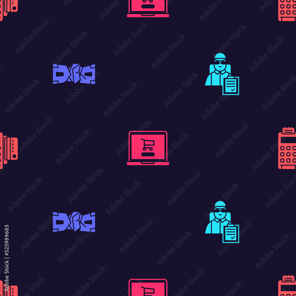 Set Delivery man with cardboard boxes, Crumpled paper money cash, Shopping cart laptop and POS terminal credit on seamless pattern. Vector