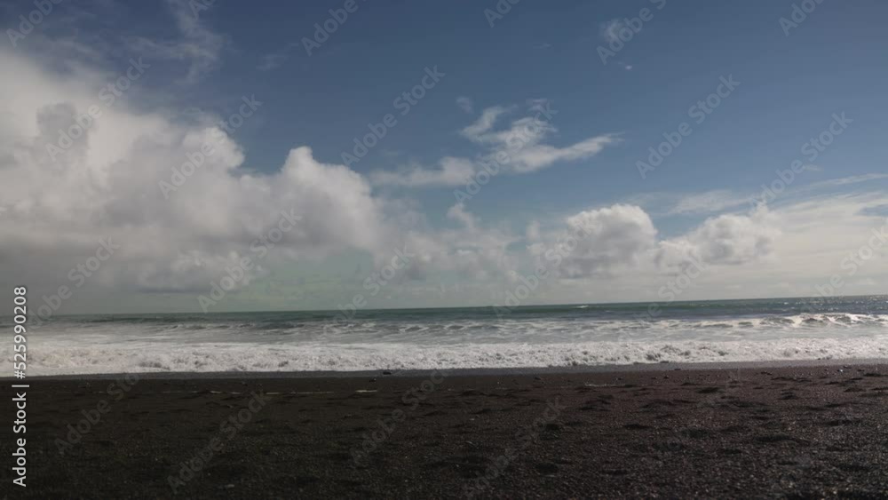 Vik, Iceland black sand beach and ocean with waves moving timelpase. Vik, Iceland black sand beach and ocean with waves moving timelpase.