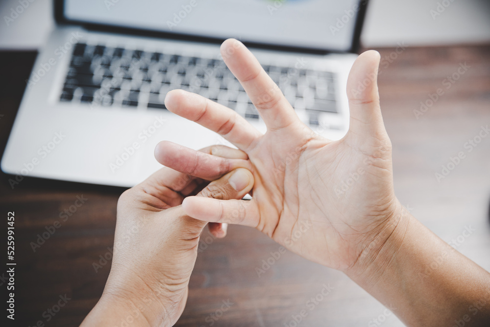 Arthritis person, finger woman ache from working in office. Concept