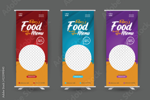 Restaurant and food Roll up banner template design with three color variation