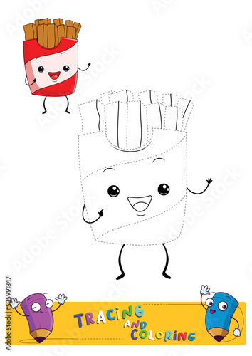 cute french fries trace lines drawing and coloring pratice worksheet for kids photo