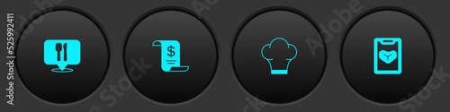 Set Cafe and restaurant location, Paper or financial check, Chef hat and Restaurant cafe menu icon. Vector