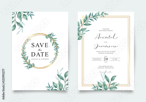 Elegant wedding invitation with green leaves and gold frame
