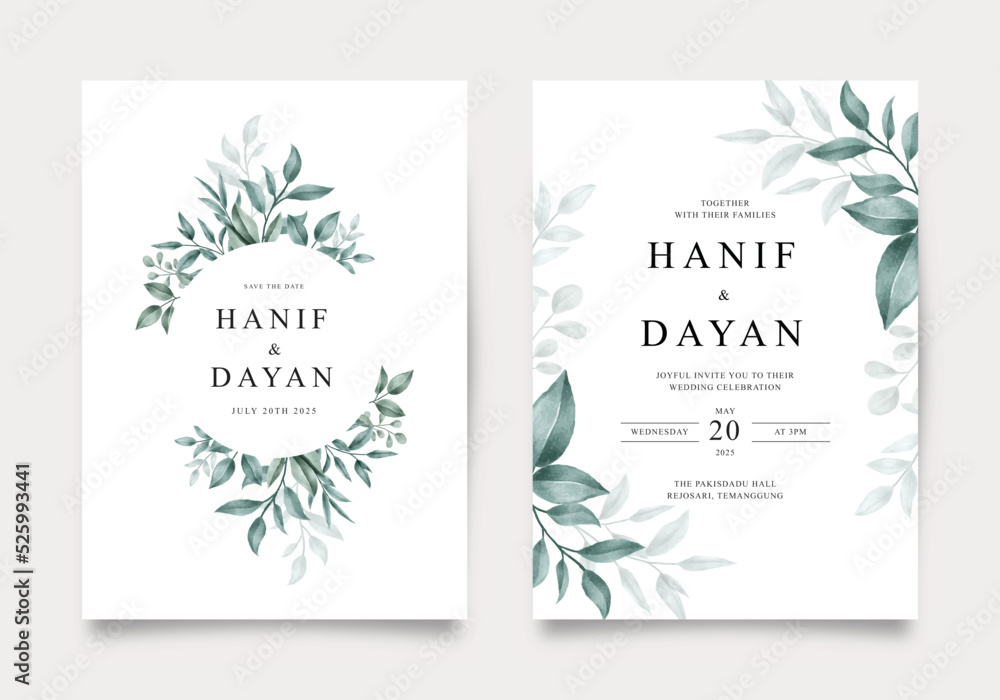 Wedding invitation card template with watercolor leaves