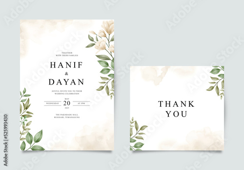 Minimalist wedding invitation and thank you card with flowers and leaves