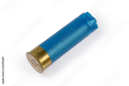Foto Spent shotgun shell 12 gauge on a white background