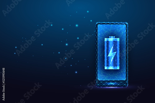 Concept of smartphone charging with phone and battery symbols in futuristic glowing style on blue
