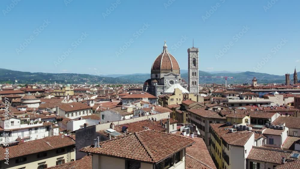 Flying Over Residential Buildings To Florence Cathedral And Giotto's Bell Tower In Italy. - aerial Flying Over Residential Buildings To Florence Cathedral And Giotto's Bell Tower In Italy. - aerial