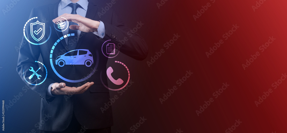 Fototapeta premium Digital composite of Man holding car icon.Car automobile insurance and car services concept. Businessman with offering gesture and icon of car