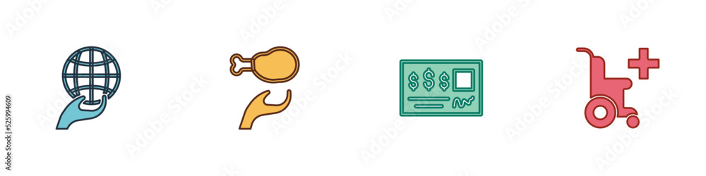 Set Hand holding Earth globe, Donation food, Bank check and Wheelchair for disabled person icon. Vector