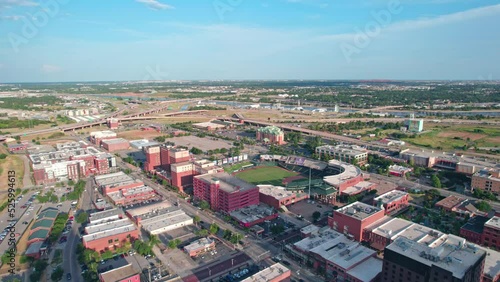 4K Drone footage of Oklahoma City Baseball park at sunset slowly moving. photo