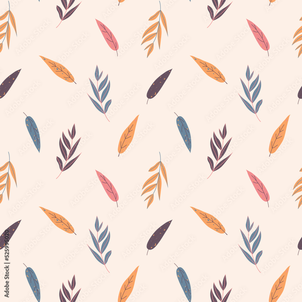 Seamless autumnal pattern of simple leaves on a beige background in warm palette. For textile, wrapper, background. Seamless autumnal pattern of simple leaves on a beige background in warm palette. For textile, wrapper, background.