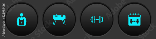 Set Bodybuilder, Pommel horse, Dumbbell and Calendar fitness icon. Vector