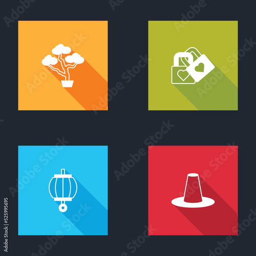 Set Bonsai tree, Lock with heart, Korean lantern and hat icon. Vector