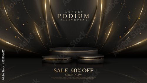 Product display podium with golden curve line decoration and glitter light effect elements and star. Black luxury background.