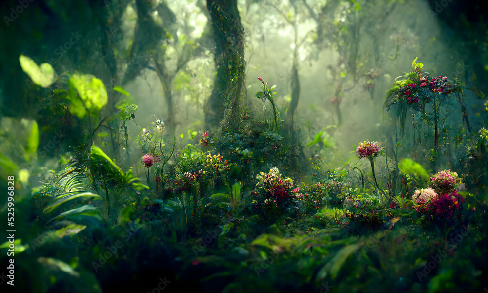 Naklejka premium dreamy fantasy deep jungle lush vegetation, digital illustration