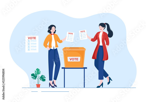 Election Day Political Hand Drawn Cartoon Flat Illustration with Voters Casting Ballots at Polling Place in United States Suitable for Poster or Campaign