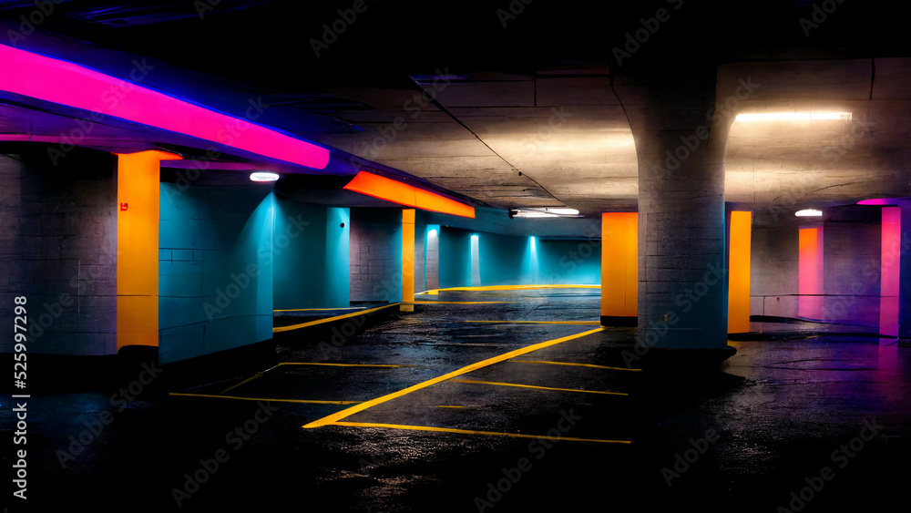 3D render. Underground parking lot with colorful neon lights background 3D render. Underground parking lot with colorful neon lights background