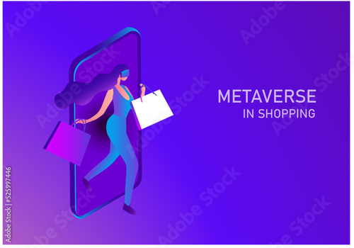 Metaverse Virtual Reality shopping. woman wearing VR goggle having 3d experience in shopping in the metaverse vector illustration 
