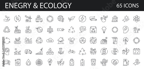 Energy, recycling, ecology set of 65 line vector icons. Contains such icons as Eco, Environment, Lightbulb, Green Energy, Water, Climate Change, Recycling. Editable stroke