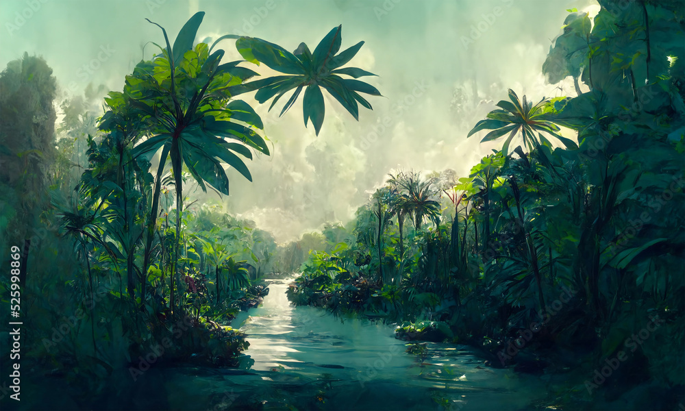 river in tropical forest, jungle, landscape, digital illustration river in tropical forest, jungle, landscape, digital illustration
