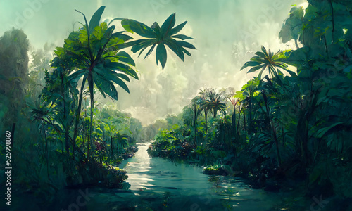 river in tropical forest  jungle  landscape  digital illustration
