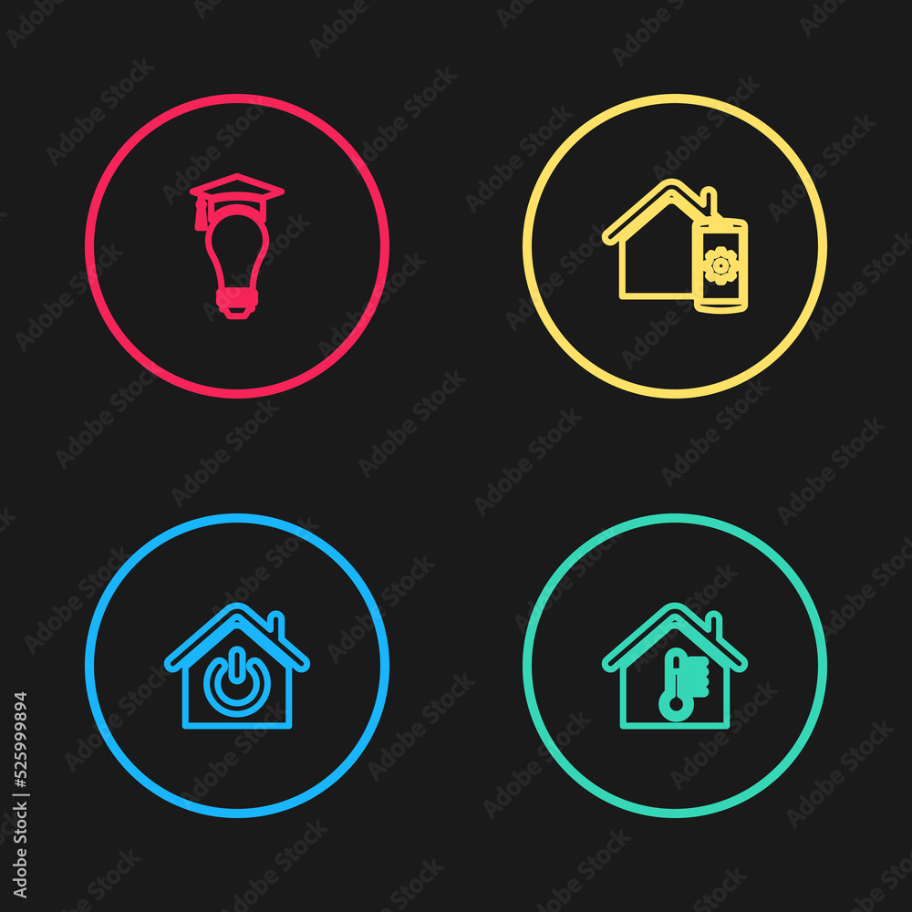 Set line Smart home, House temperature, remote control system and Light bulb and graduation cap icon. Vector Set line Smart home, House temperature, remote control system and Light bulb and graduation cap icon. Vector