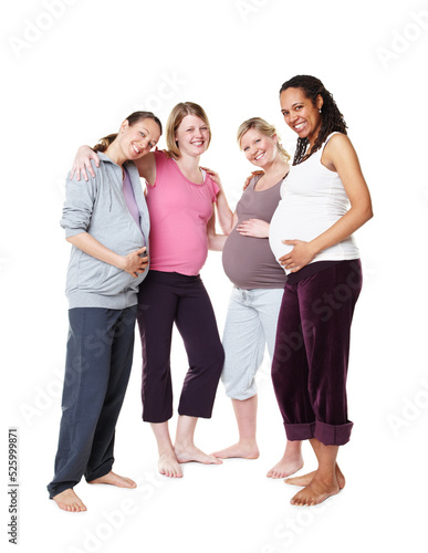 Pregnant girl friends, pregnancy and future mother group portrait looking happy and content. Happiness of women smile holding their stomach to show support, trust and community solidarity at a studio