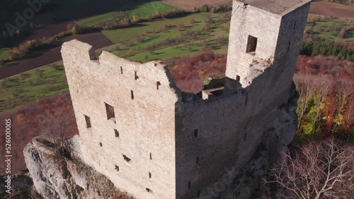 Close up of old Reussenstein castle fort on top of high hill, aerial photo